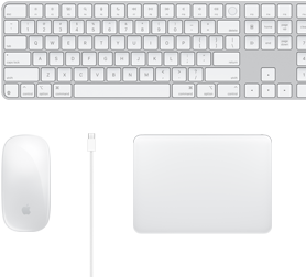 Un Magic Mouse, un cavo USB-C, un Magic Trackpad e una Magic Keyboard con tastierino numerico mostrati dall’alto