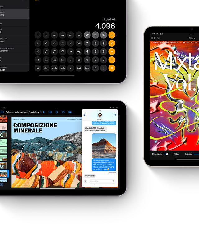 Tre iPad mini che mostrano varie app e funzioni di iPadOS
