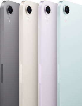 Quattro iPad mini visti da dietro nei colori disponibili: grigio siderale, galassia, viola e blu. Si nota la fotocamera posteriore