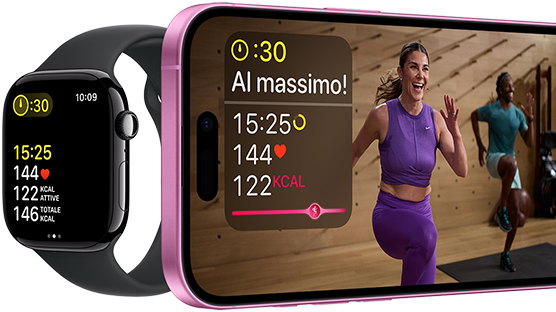 Parametri di un allenamento su un Apple Watch Series 10 e un iPhone.