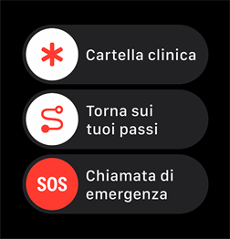 Tre cursori per attivare le opzioni Chiamata di emergenza, Cartella clinica e Torna sui tuoi passi.